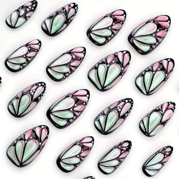Butterfly Wing Press On Nail 3D Art, 24 pc Medium Sz, Short Almond Reusable NWT - Picture 6 of 11